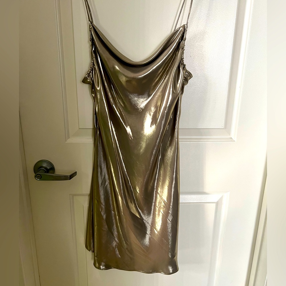 Zara Metallic Gold Cowl Neck Mini Dress